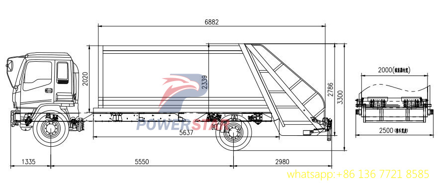 Technical drawing for Isuzu refuse compactor truck 14cbm