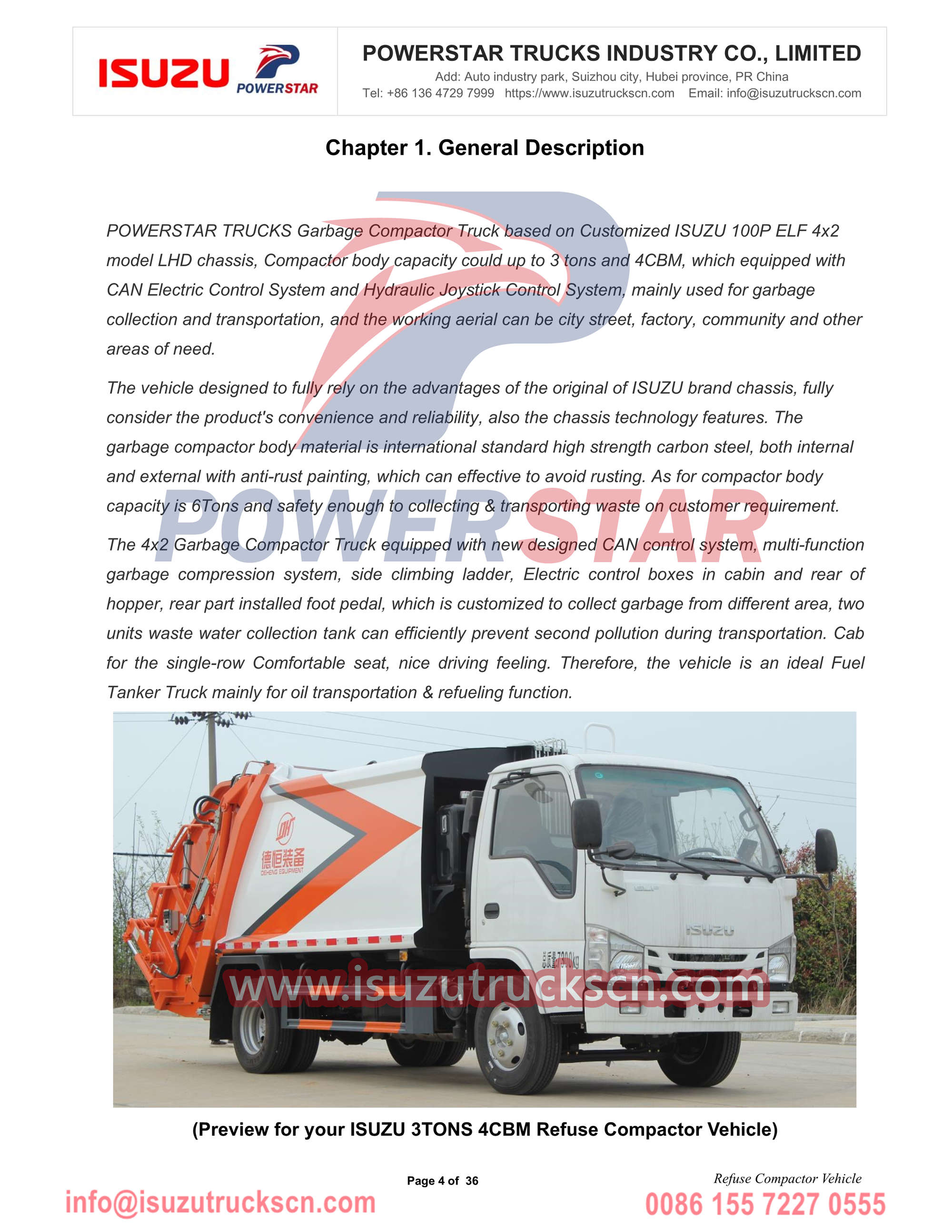 POWERSTAR Isuzu 4cbm Refuse Compactor Vehicle Manual export Africa Gambia