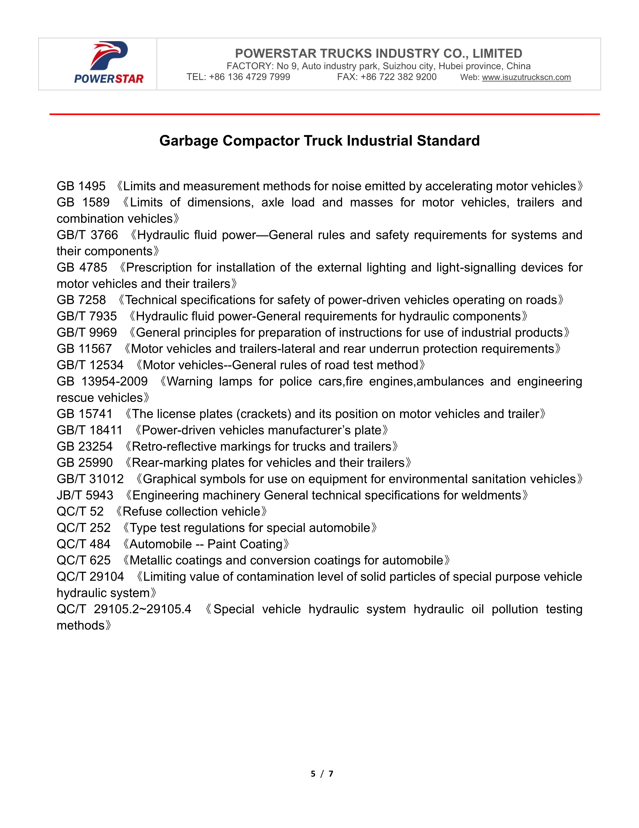Refuse compactor truck Isuzu factory testing check list