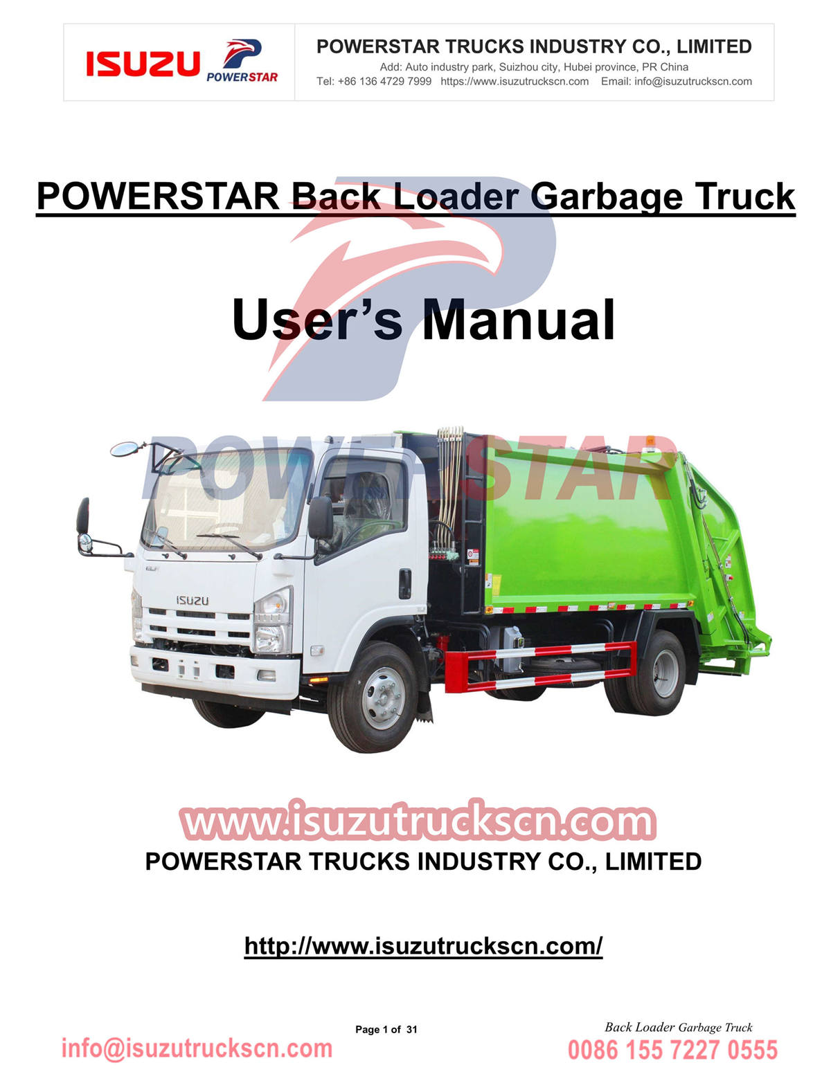 Cape Verde ISUZU NPR 10cbm back loader garbage truck User Manual