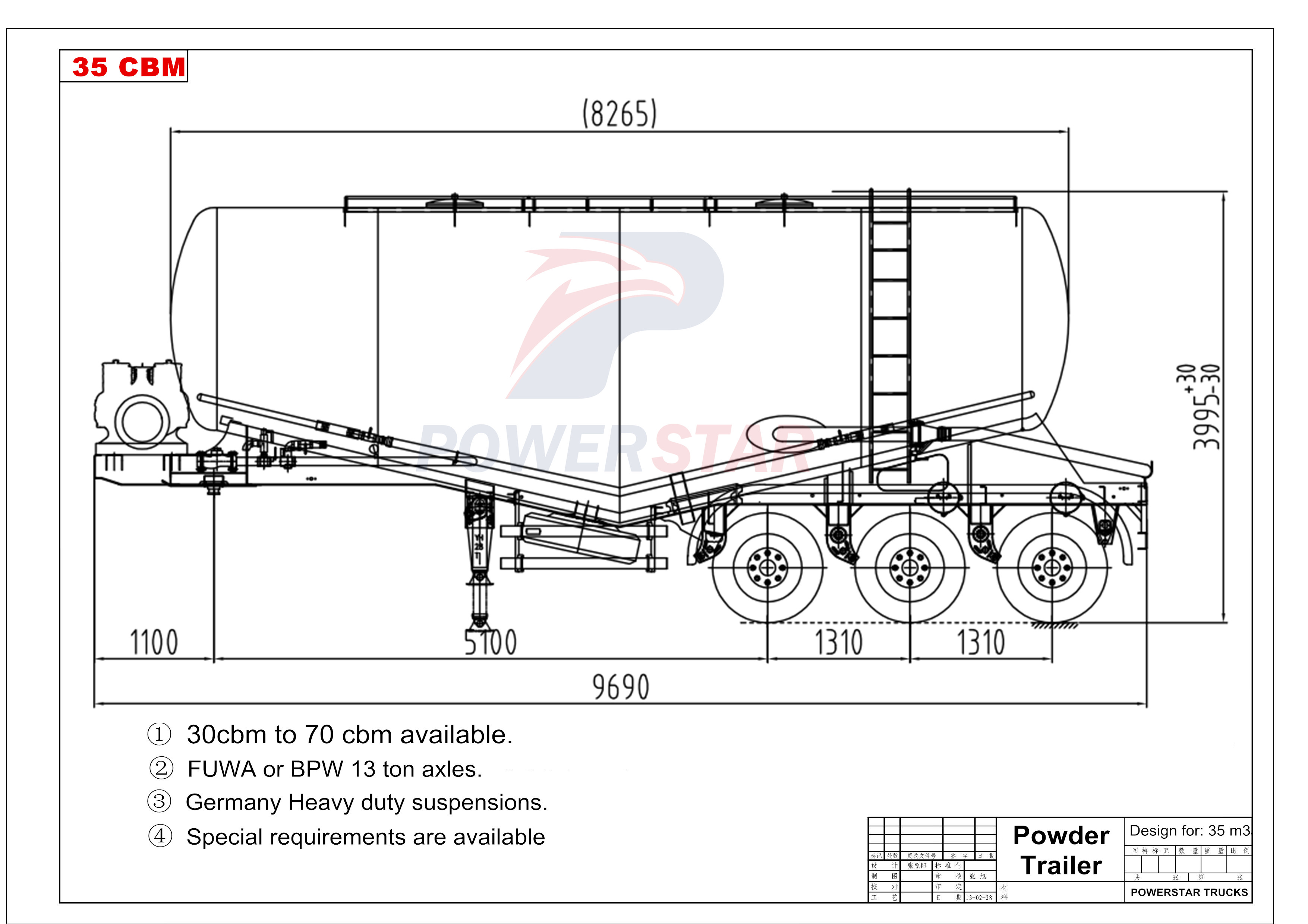 Technical drawing for 35cbm bulk cement powder tank semi trailer
