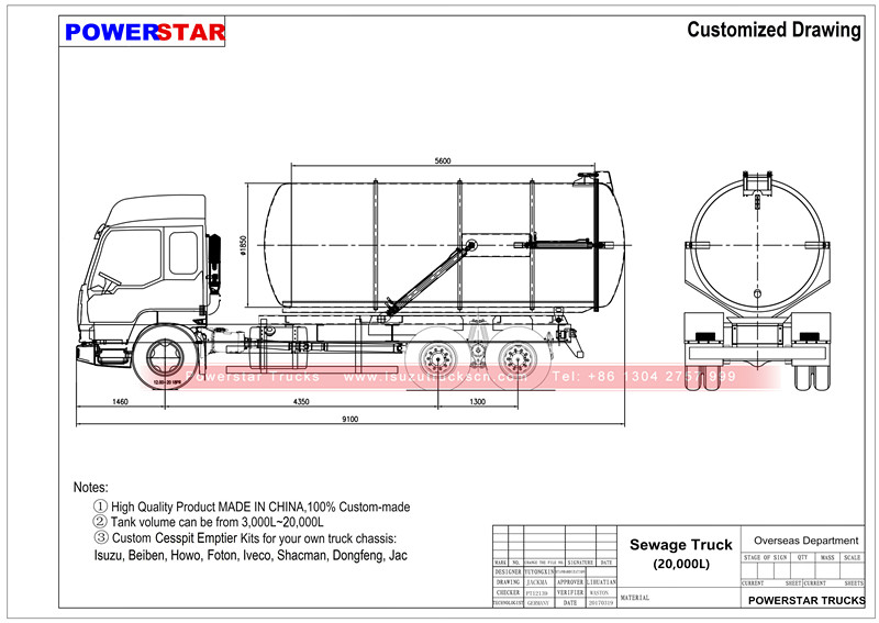 technical drawing for Widely used waste water suction truck Isuzu vacuum pump Sewage tanker Septic water Tank Trucks