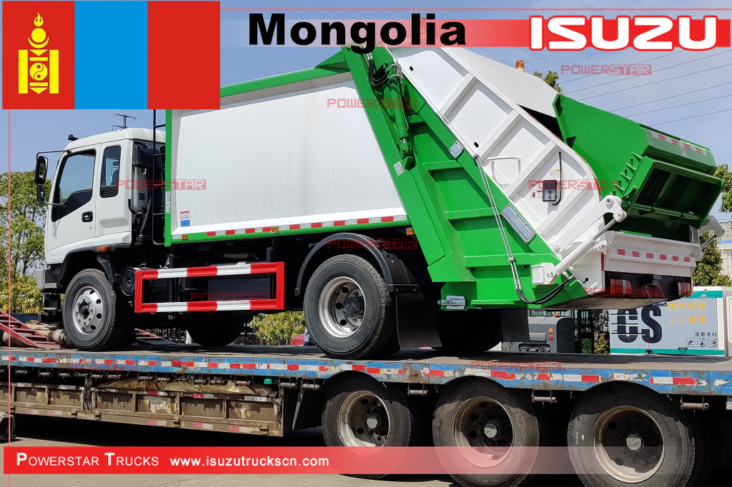 Mongolia ISUZU FTR/FVR refuse compactor truck and NPR boom crane trucks