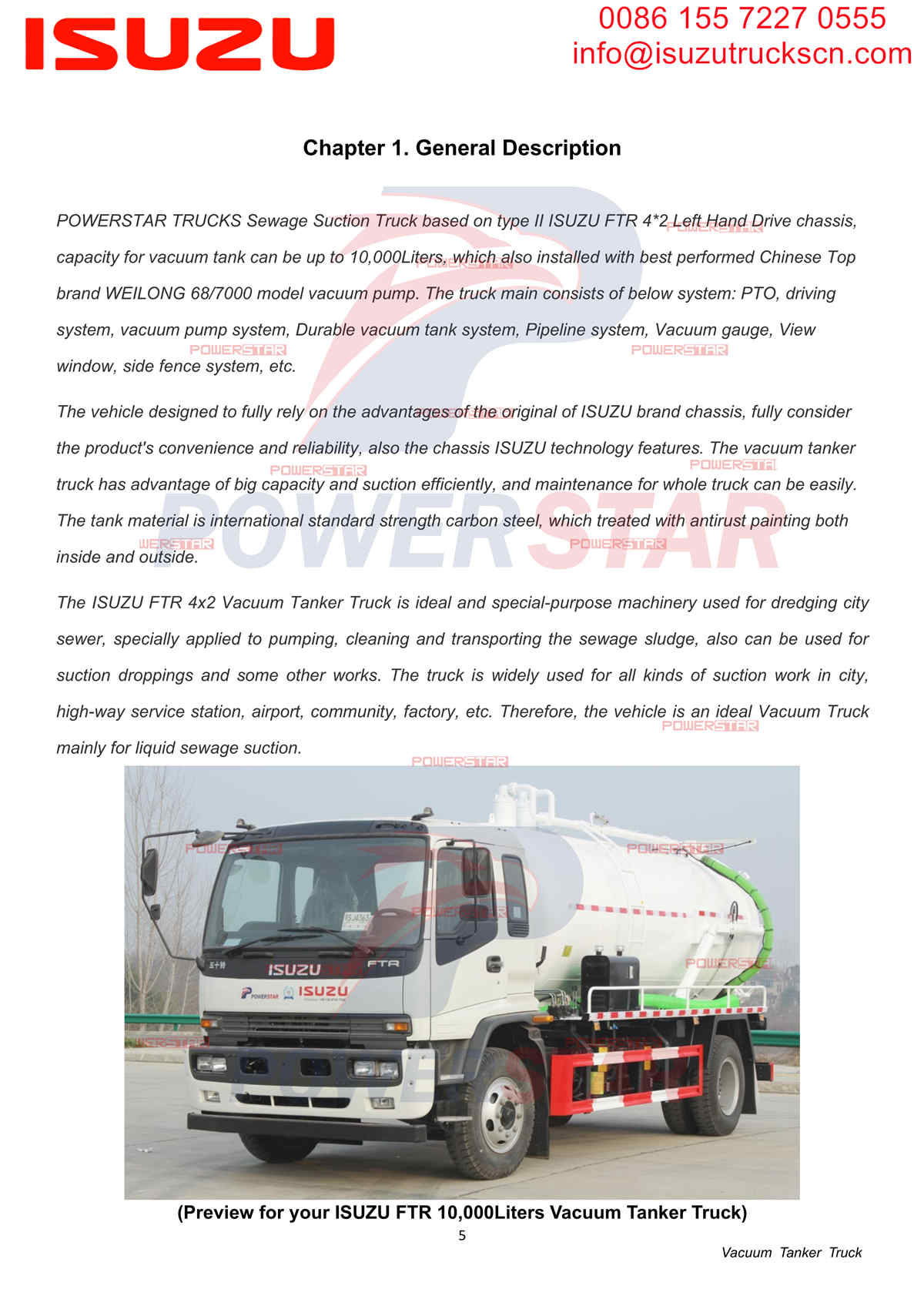 ISUZU FTR FRR FSR 10cbm Vacuum Tanker Truck Manual Rwanda