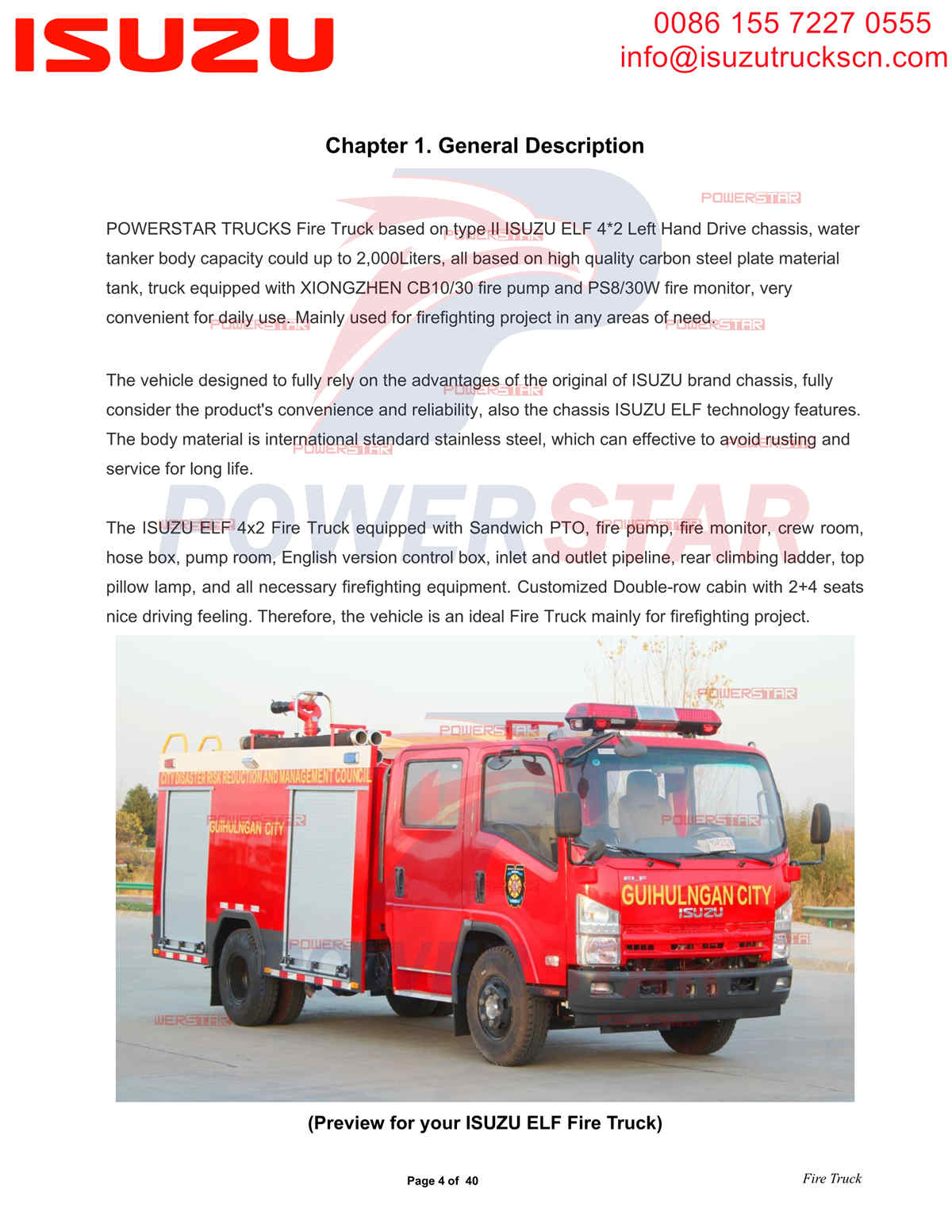 POWERSTAR ISUZU NQR Water Fire Trucks export to Philippines Davao