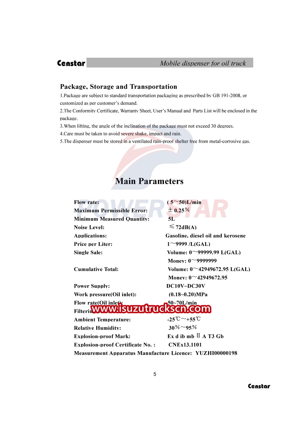Censtar CS20D1110F Mobile dispenser Manual for Isuzu fuel oil trucks  