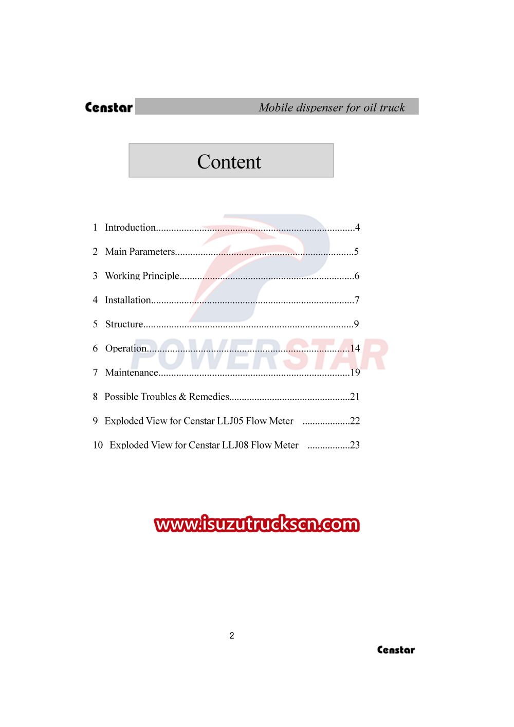 Censtar CS20D1110F Mobile dispenser Manual for Isuzu fuel oil trucks  