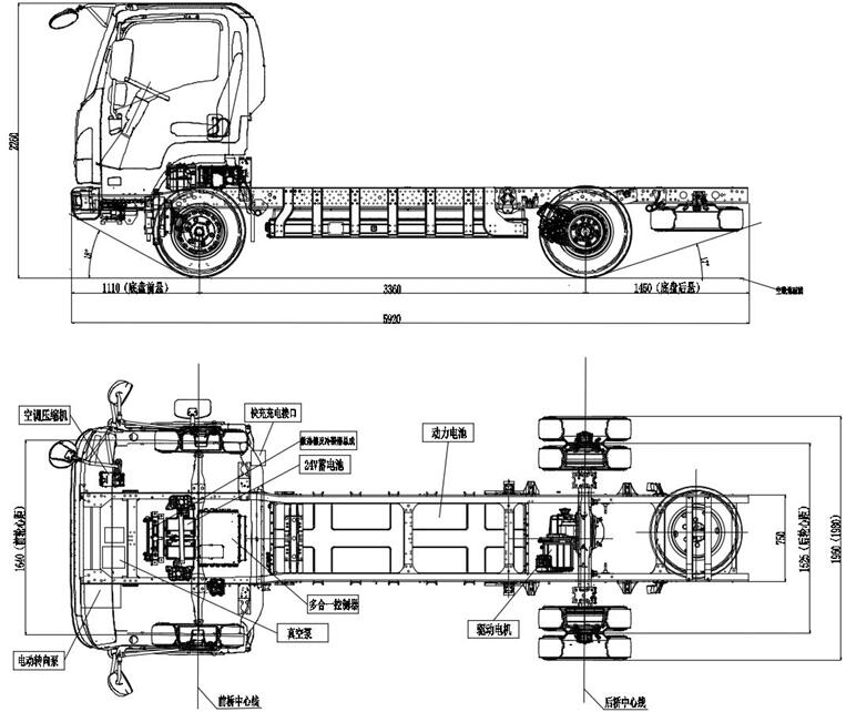 Light Isuzu BEV EVM600 truck chassis cab technical drawing