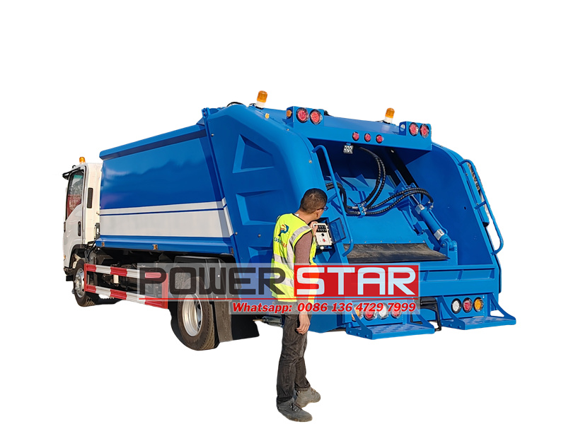 Isuzu refuse compactor truck rear view