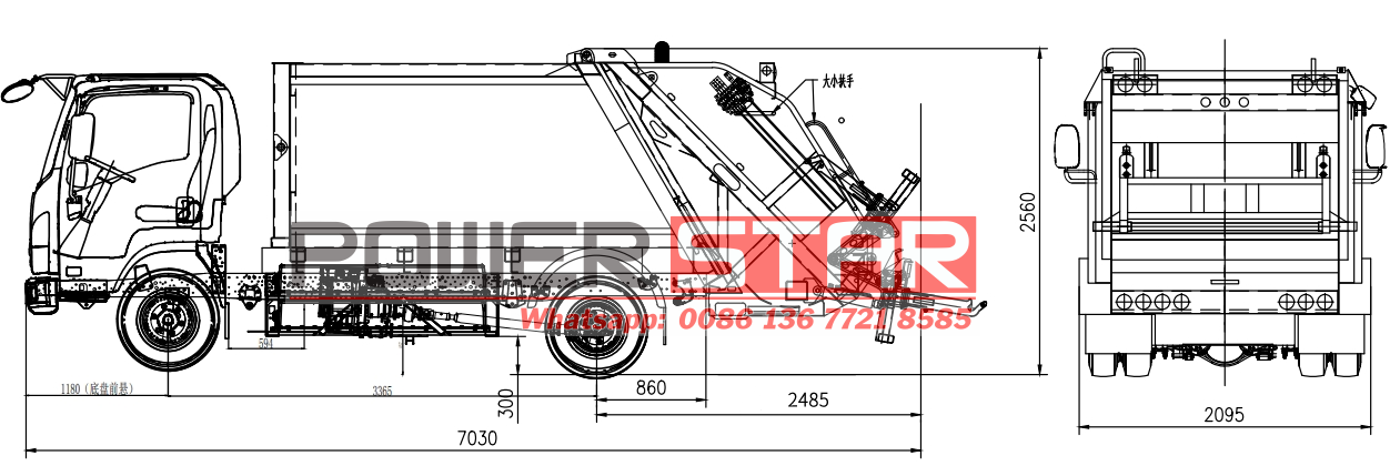 Technical drawing of Isuzu 8cbm EV electric rear loader compactor truck