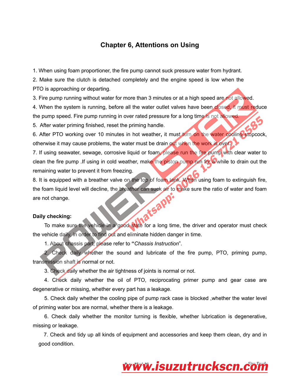 ISUZU 700P foam water Fire Truck Manual