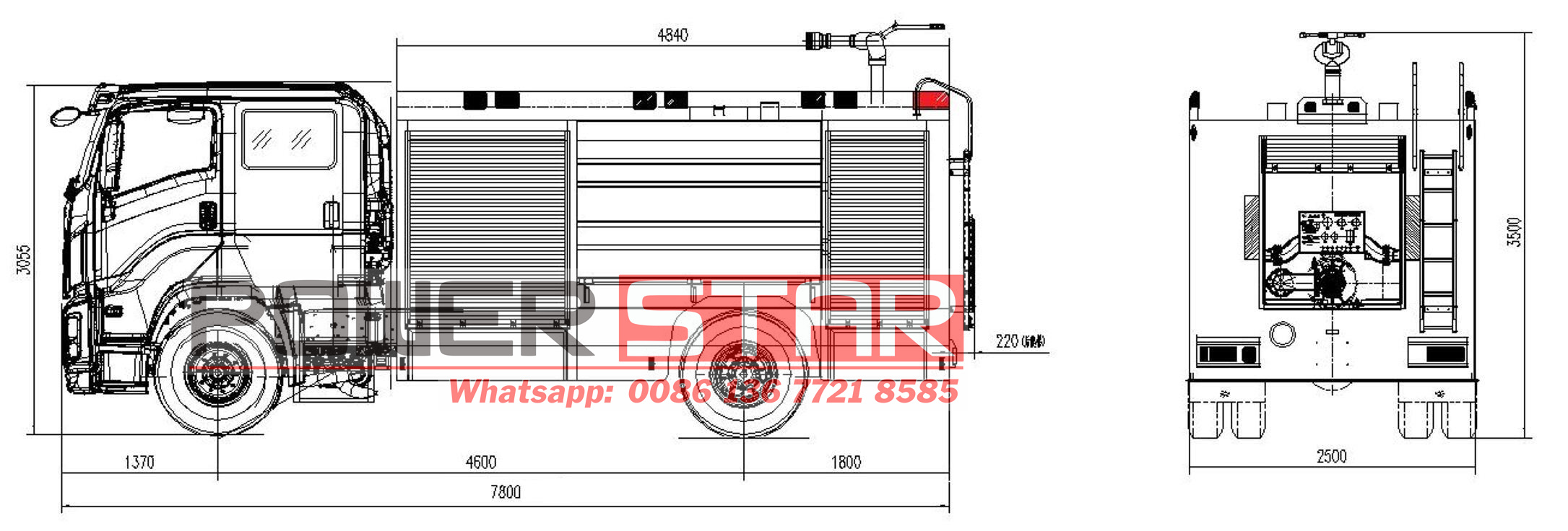 Technical drawing of Isuzu GIGA foam water fire truck