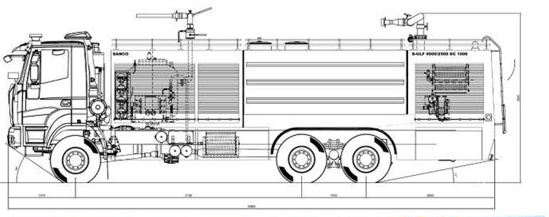 technical drawing for Isuzu Giga fire fighting vehicle
