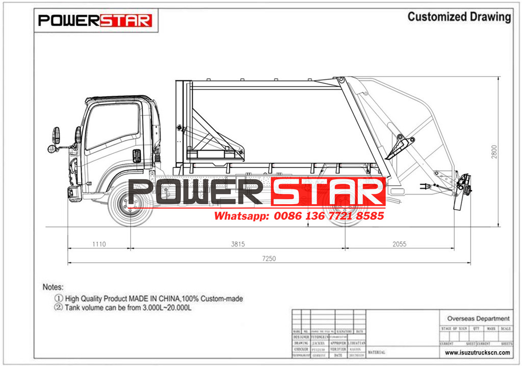 technical drawing for ISUZU npr refuse compactor truck