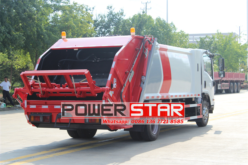 Rear view of ISUZU refuse compactor truck
