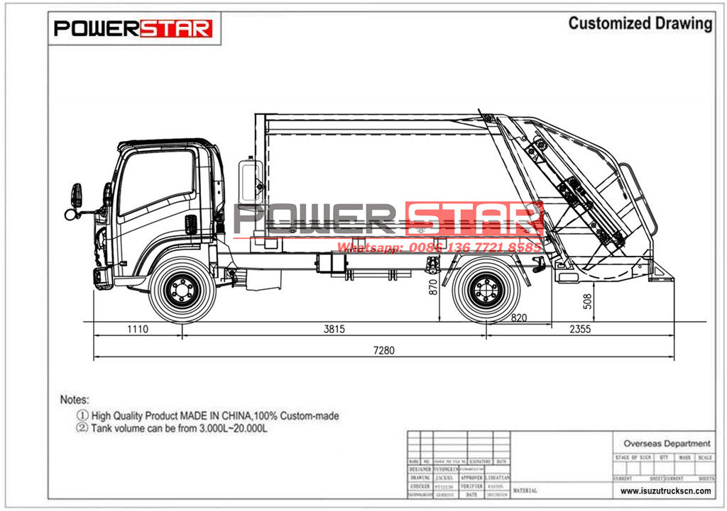 Technical drawing for Isuzu KV100 bin lorry compactor truck