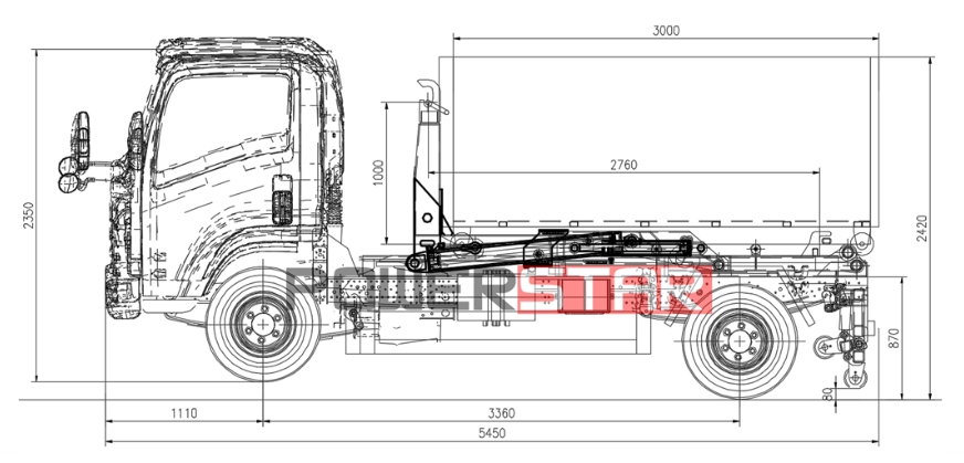 Technical drawing of Isuzu 100P 7cbm hook loader rear loader compactor
