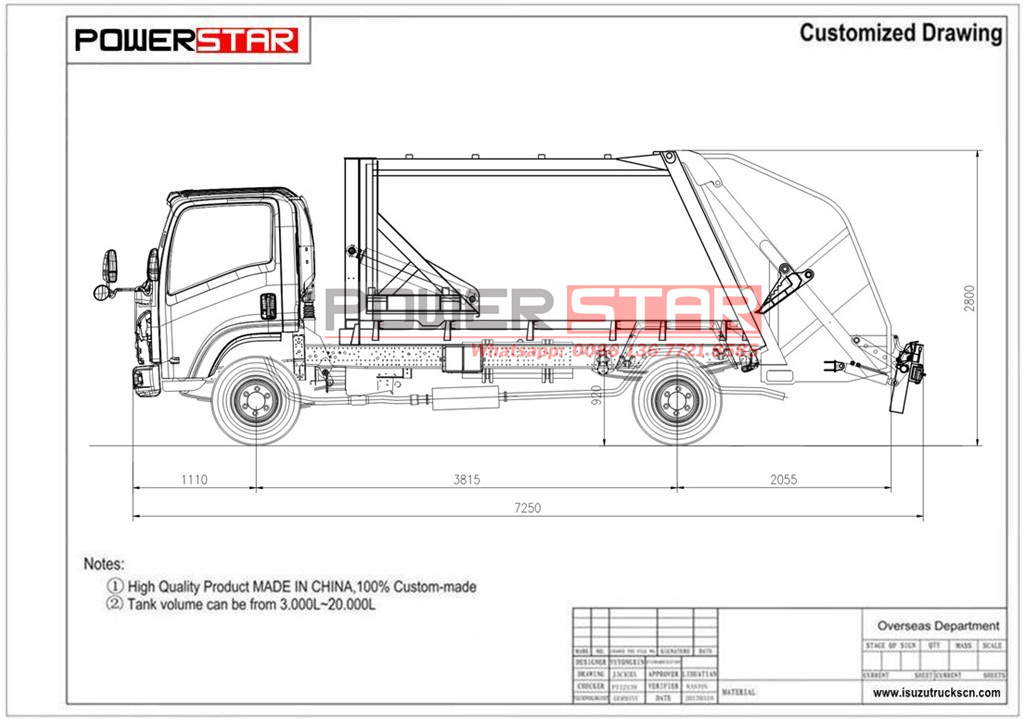 Technical drawing for Isuzu NKR Chassis compactor truck 8cbm