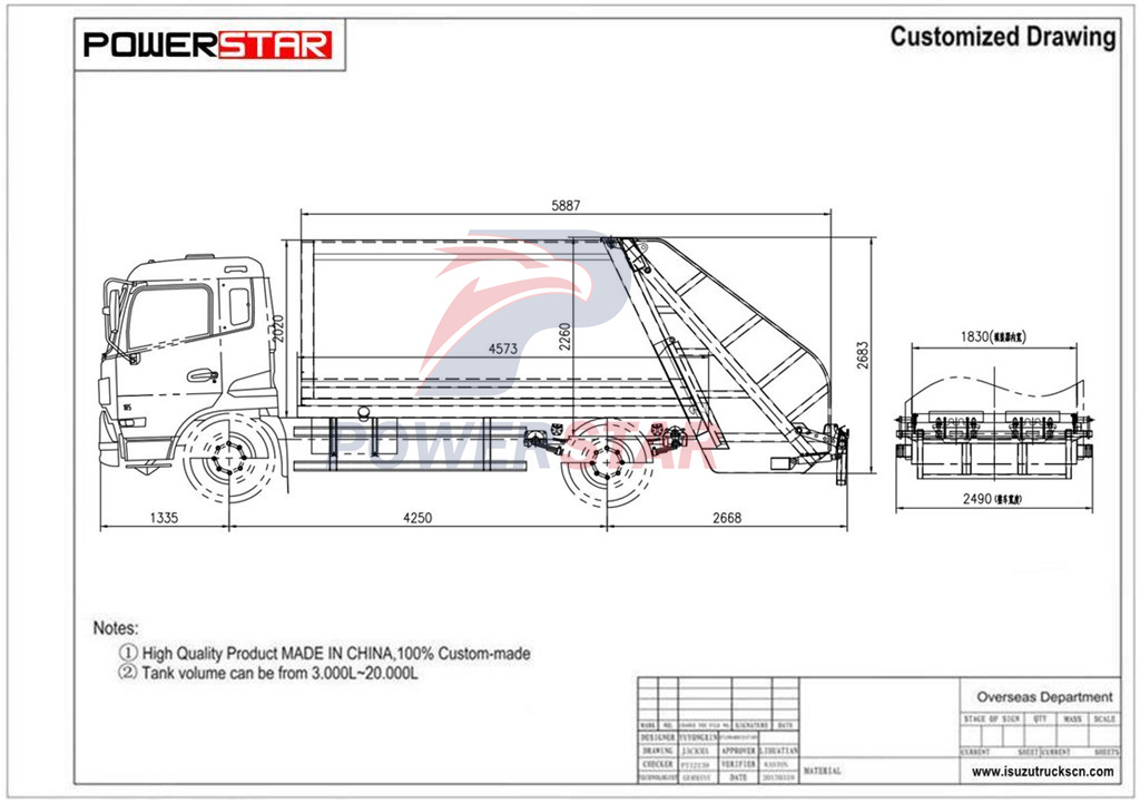 Technical drawing of Isuzu ELF 700P rear loader compactor truck