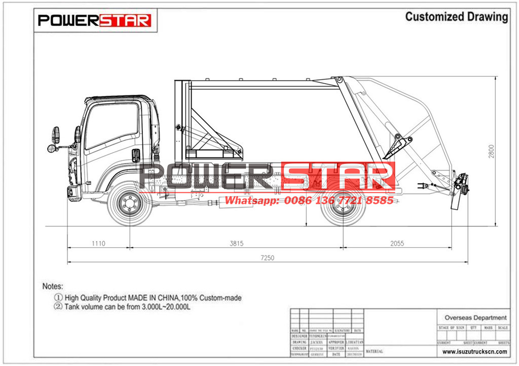 Technical drawing of Isuzu ELF 700P rear loader compactor truck
