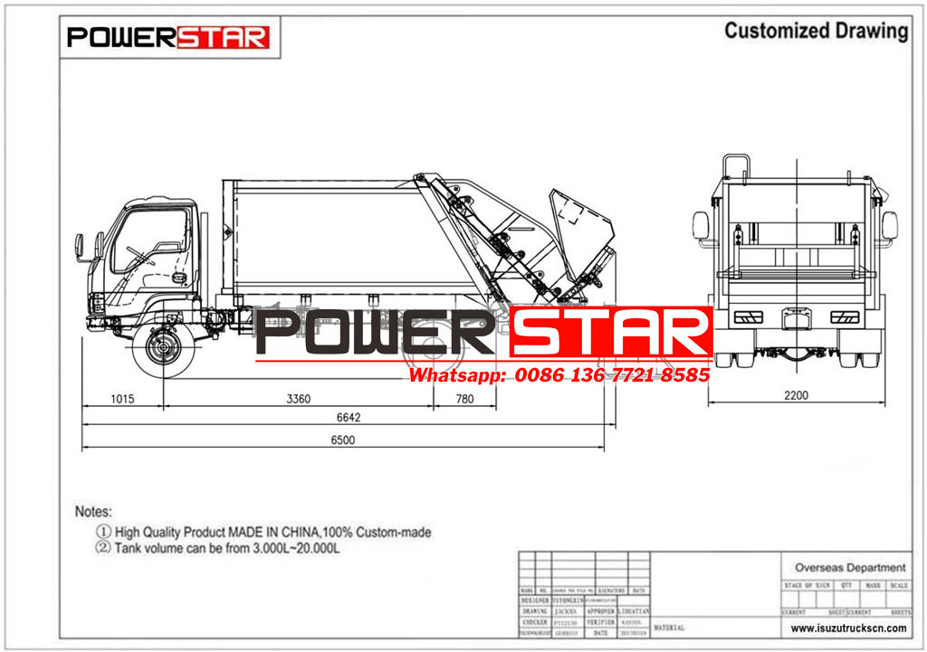 ISUZU 6CBM refuse compactor truck drawing