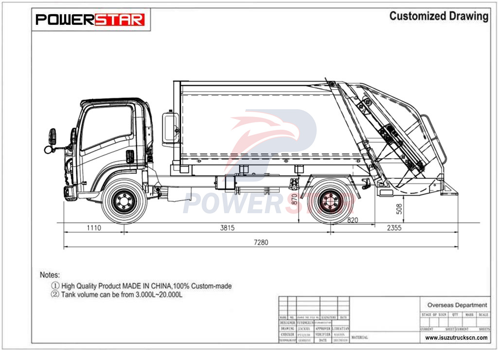 Technical drawing of Isuzu 700P garbage compactor truck