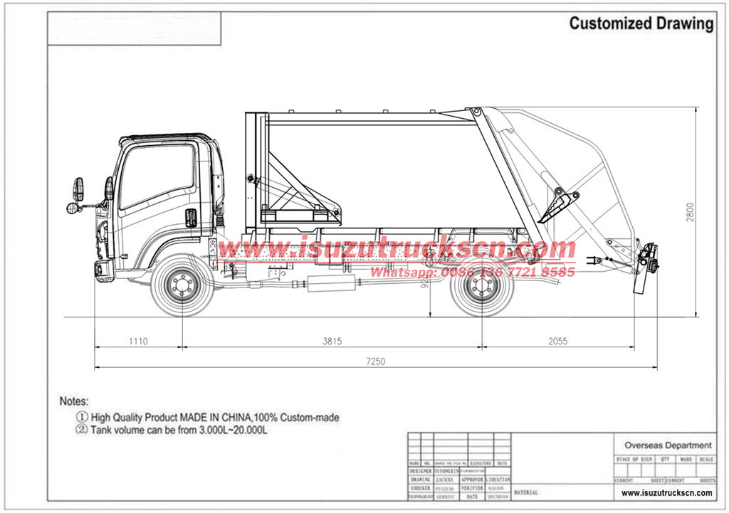 TECHNICAL DRAWING OF iSUZU 700p 4X4 10CBM REAR LOADER COMPACTOR
