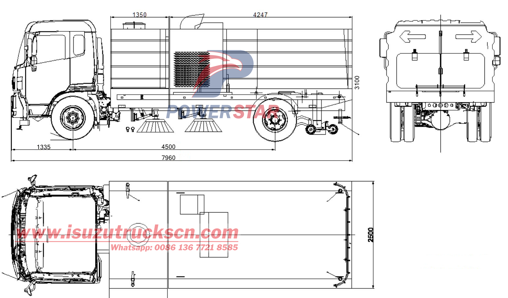 technical drawing of Isuzu FTR sweeper truck with brush
