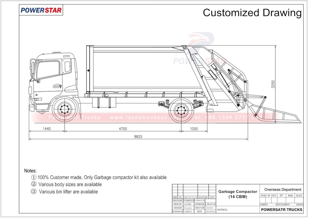 design drawing for rear loader garbage truck Isuzu