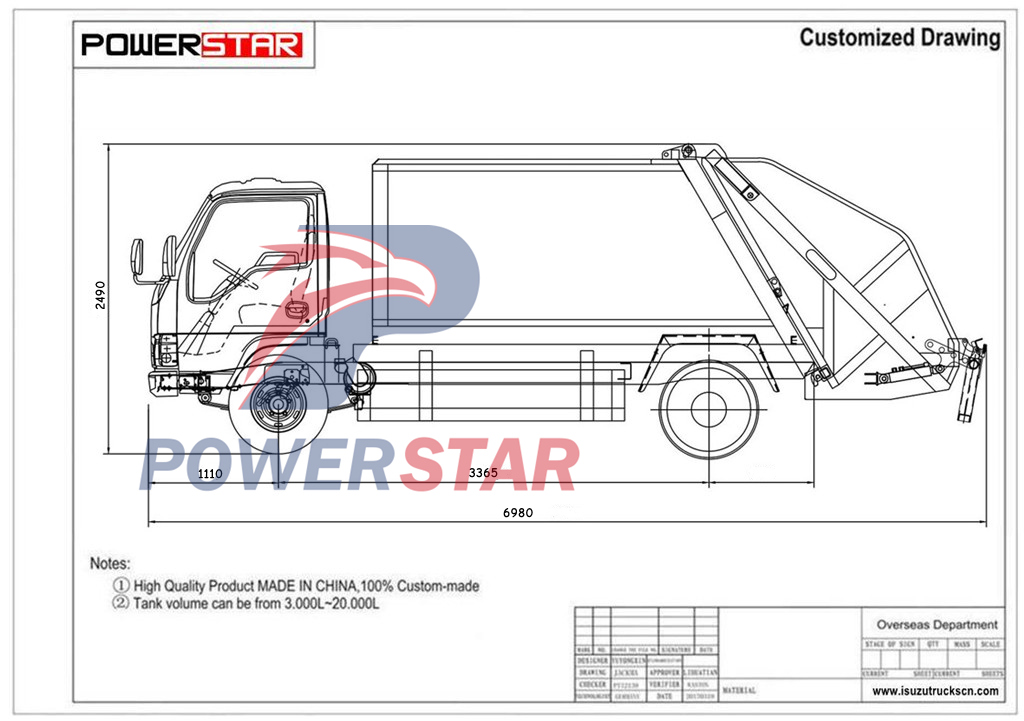 technical drawing of ISUZU KV100 6cbm rear loader compactor