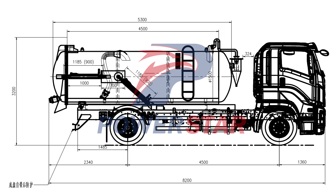 technical drawing of Isuzu FTR 10cbm combined jetting truck