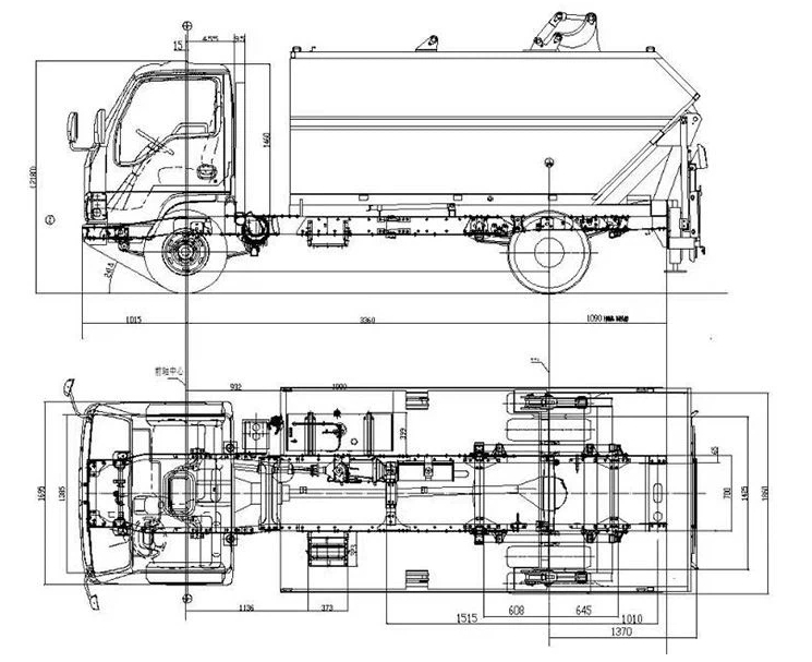 technical drawing of Isuzu 700P 6cbm High-position Self-loading Garbage Truck