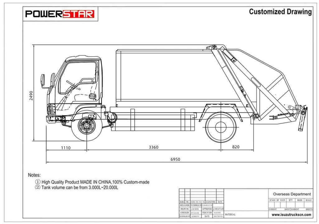 technical drawing of Isuzu 100P waste compactor truck