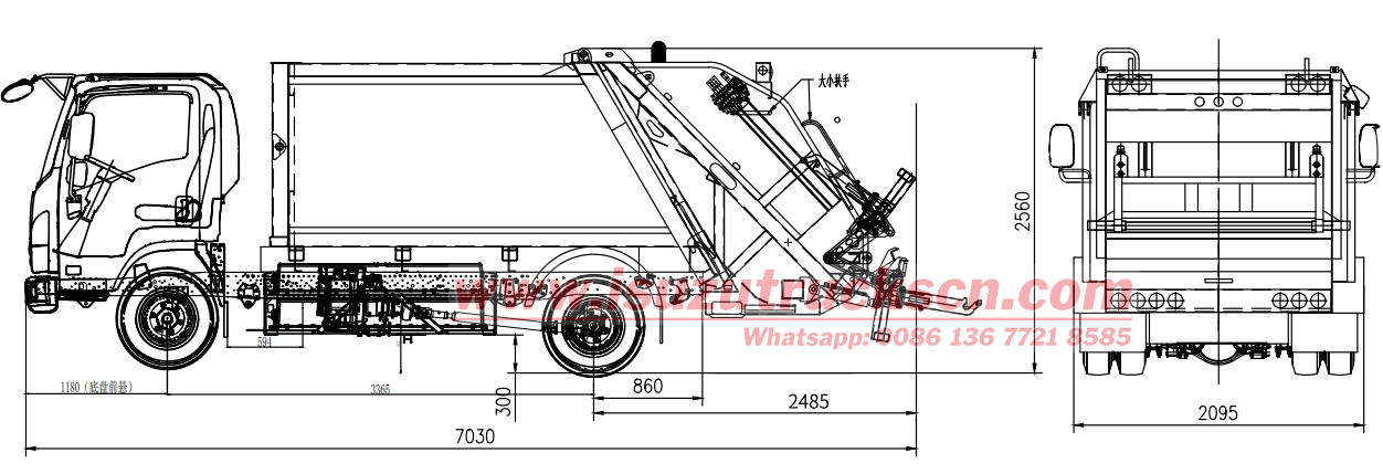 Technical drawing of Isuzu EVM600 6cbm waster compactor truck
