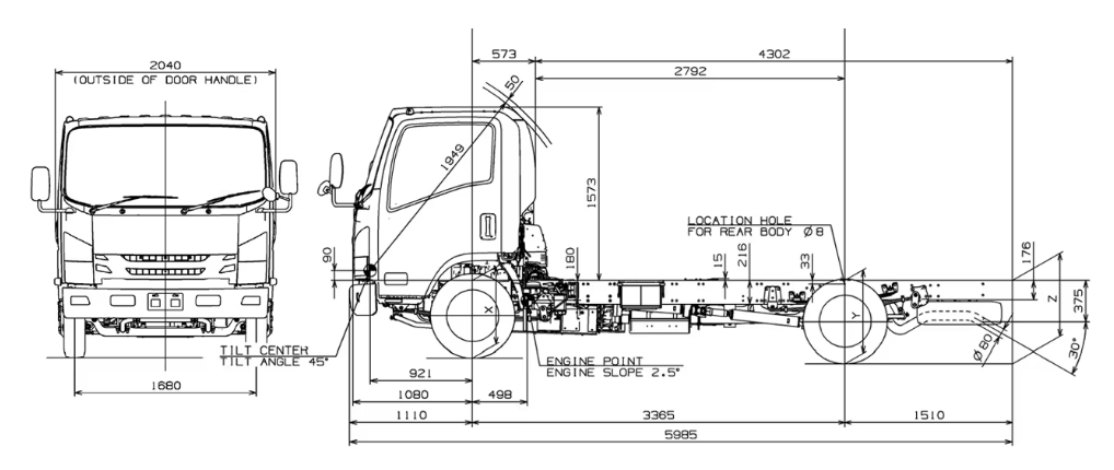 technical drawing of Isuzu M100 chassis 