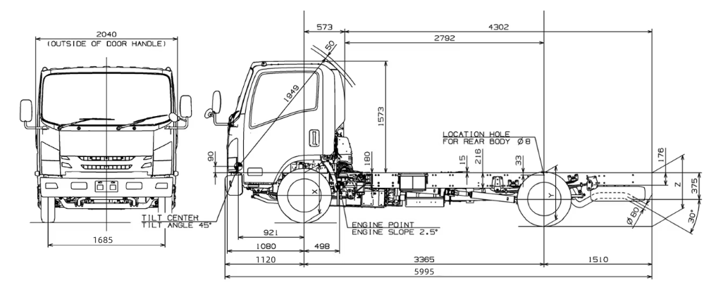 technical drawing of Isuzu KV series light truck chassis