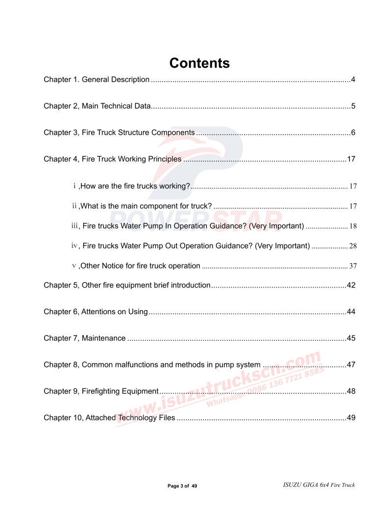 Commercial ISUZU GIGA 6x4 Foam Fire Tender operation manual