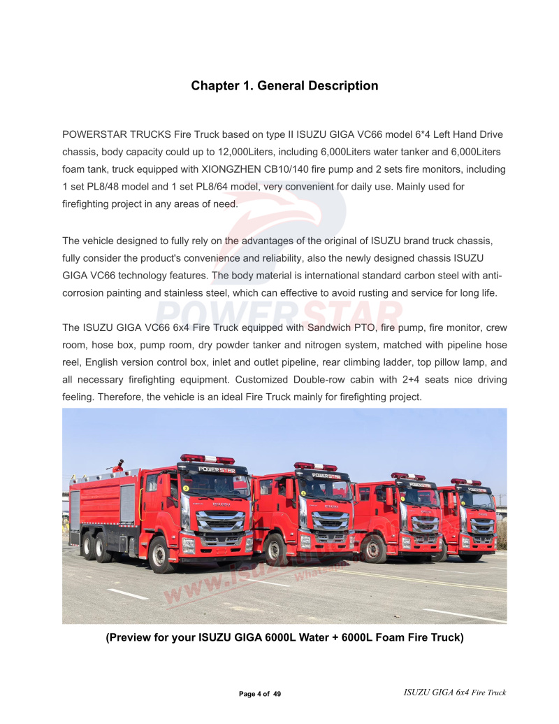 Commercial ISUZU GIGA 6x4 Foam Fire Tender operation manual
