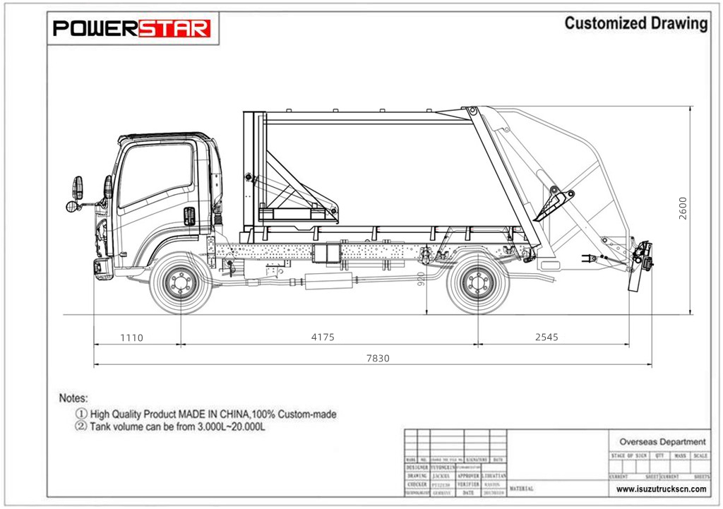 Technical drawing of Isuzu 8.5cbm garbage compactor truck