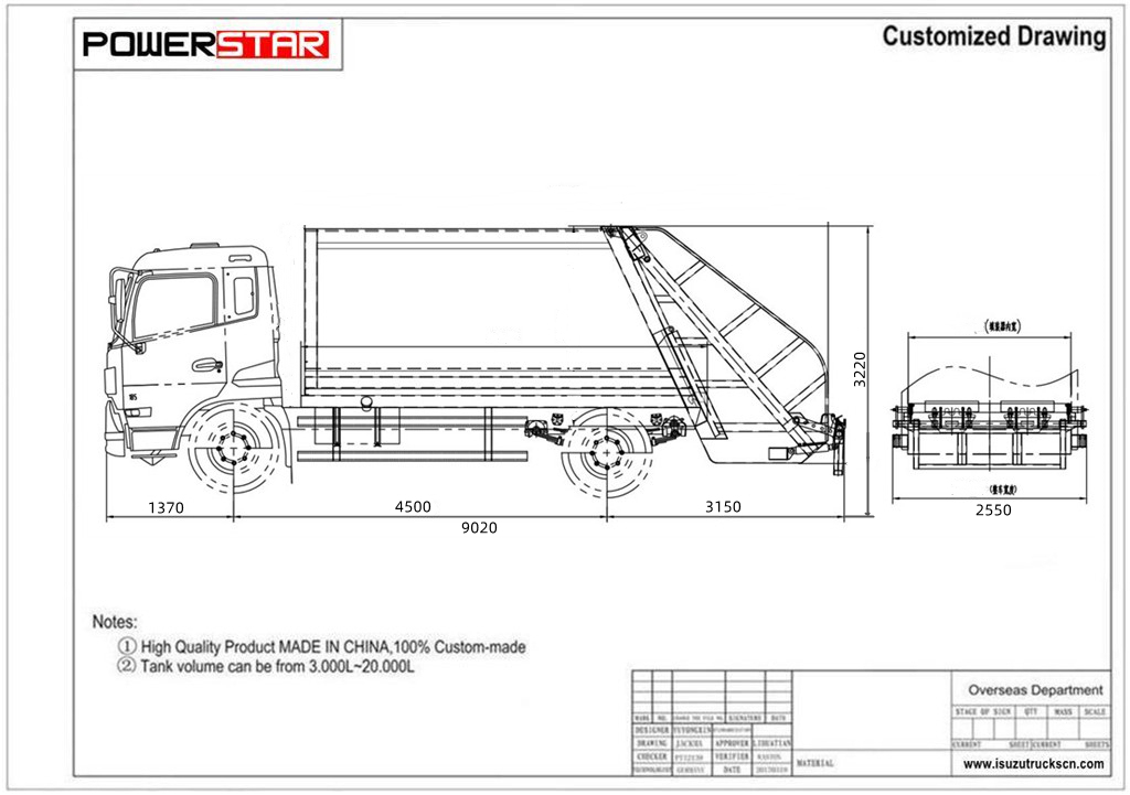Technical drawing of Isuzu 14cbm garbage compactor truck