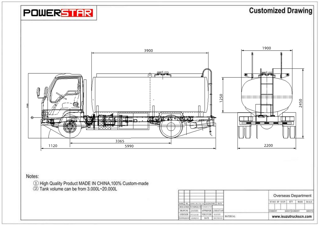 technical drawing of Isuzu KV600 fuel refueling truck
