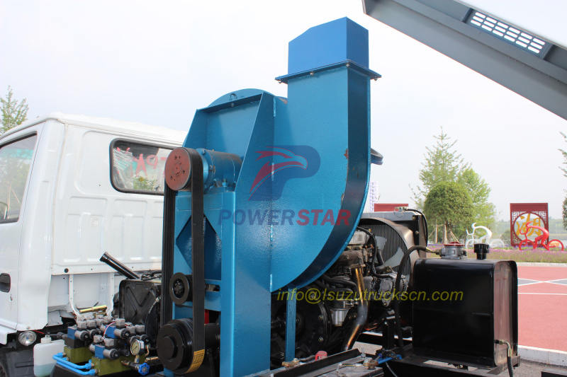 Fan for street sweeper truck up structure