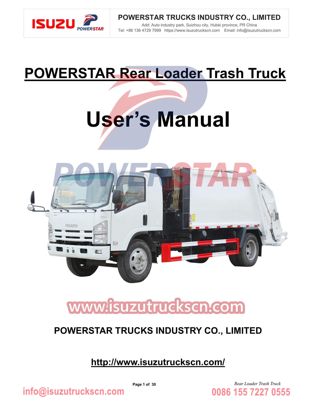 Ethiopia POWERSTAR ISUZU 700P Rear Loader Trash Truck manual