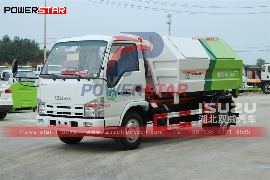 ISUZU mini ELF 5cbm hook lift garbage truck export to Mongolia from Erenhot port