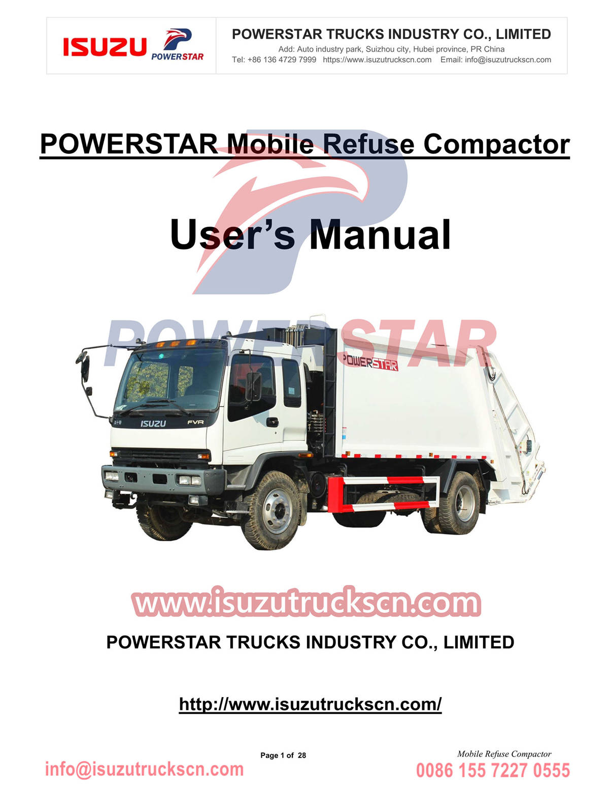 Philippines Davao ISUZU FVR 10cbm mobile refuse compactor truck manual